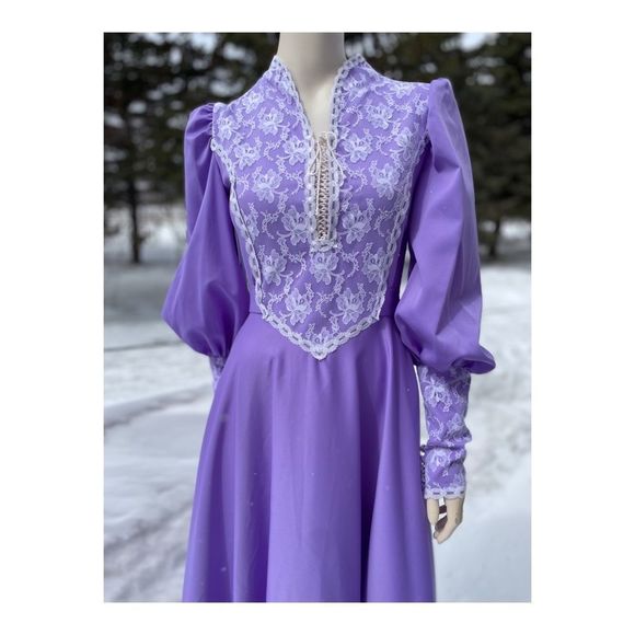 Vintage 70s Prairie Style Maxi Dress Lilac Lace Cottagecore Farmcore M - Picture 14 of 15